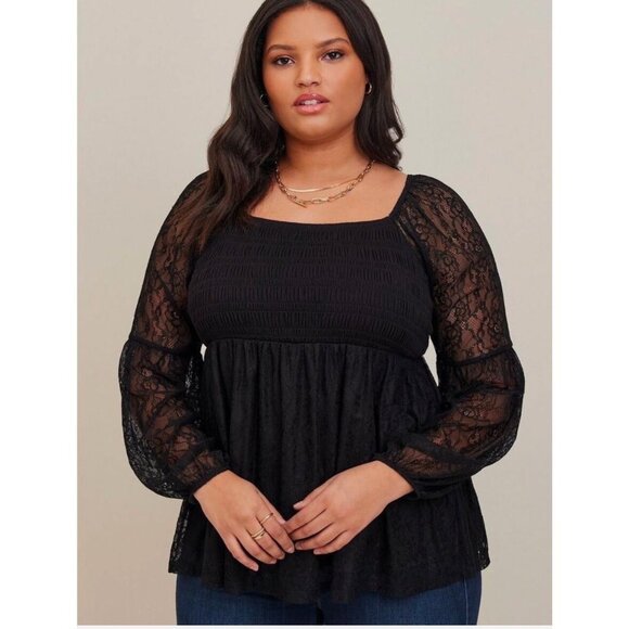 Witchy Dark Romantic Black Lace Smocked Square Neck Baby Doll Top Long Sleeves - Picture 1 of 11